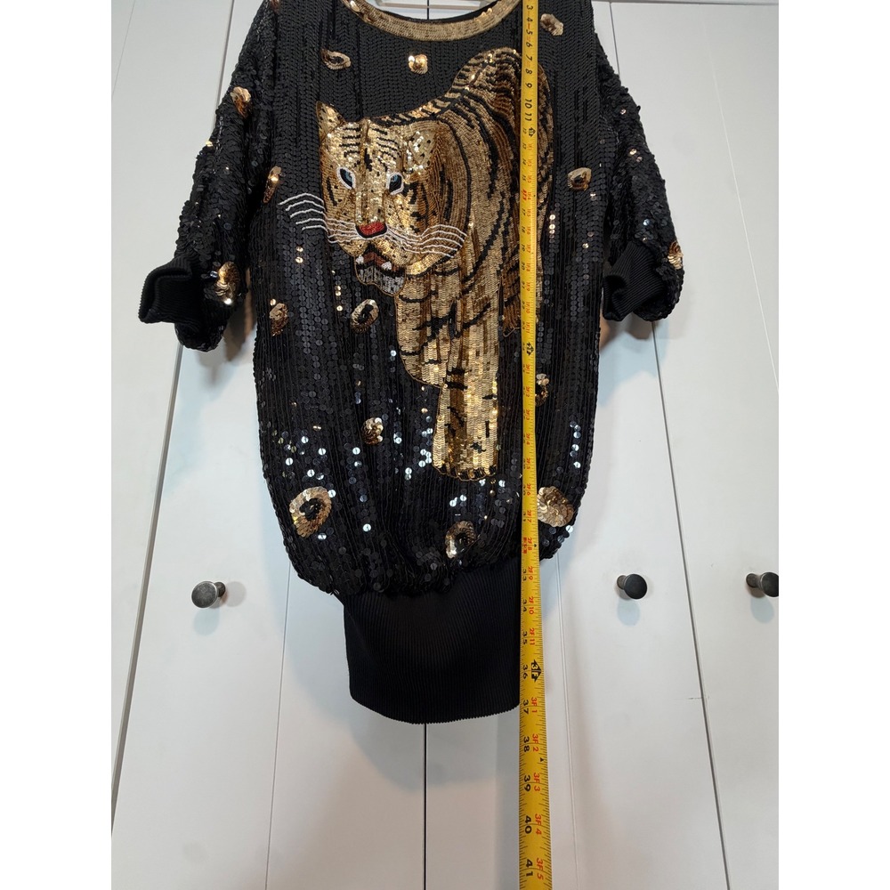 Rare Vintage 80s 100% Silk Sequin Tiger Mini Dress Black Gold Beaded Dolman Sz S - Picture 7 of 10